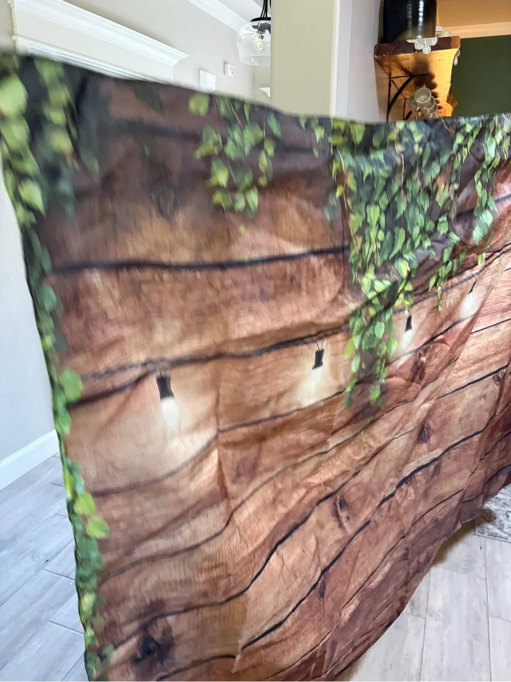 Rustic Wood Plank photo backdrop with Green Ivy and String Lights